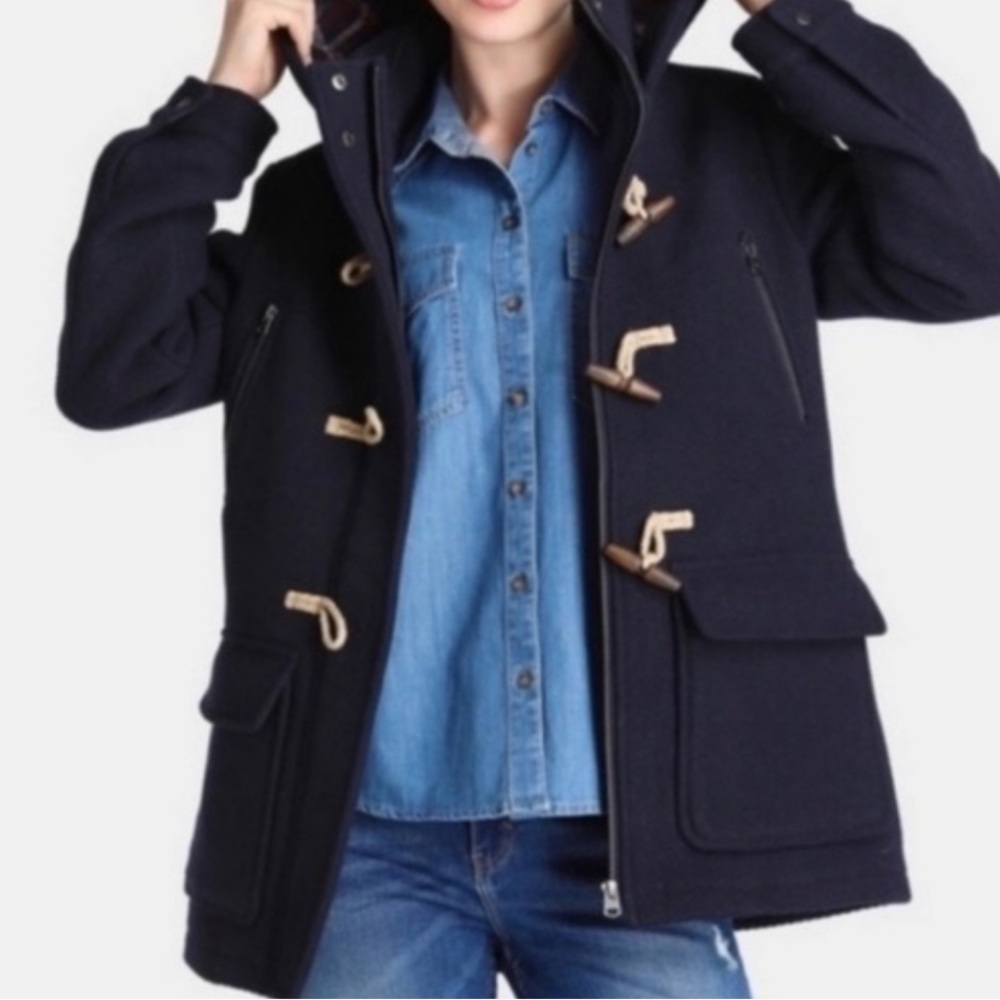 J. Crew Melton Wool Toggle Front Hooded Navy Blue Coat